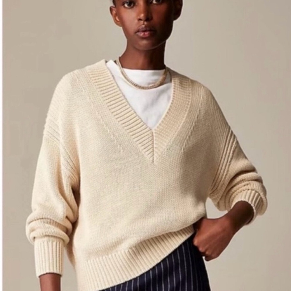 Jcrew cream v neck oversized 100% cotton sweater